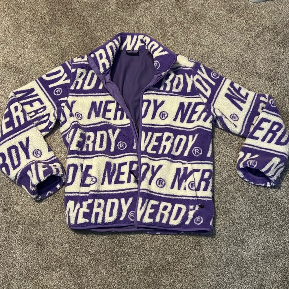 NERDY Fleece Jacket Size MEDIUM Allover Print Logo From Japan Purple Streetwear